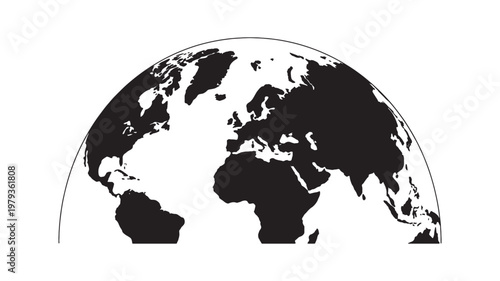 World Map Globe Silhouette with Outline. Black Earth Planet Hemisphere with Continents and Geography. Modern Minimal Design. Flat Vector Illustration Isolated on White Background