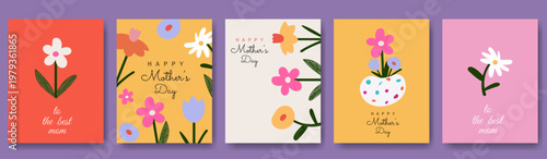 Mother’s Day greeting card set with floral designs, happy mother’s day typography, best mom celebration, spring flowers illustration, festive holiday background, love and family appreciation artwork.
