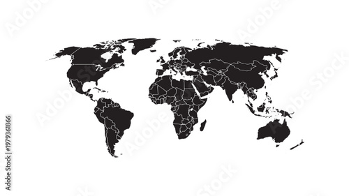 World Map Silhouette with Countries and Borders. Black Flat Earth Map with All Continents and Nations. Modern Minimal Design. Flat Vector Illustration Isolated on White Background