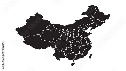 China Map Silhouette with Provinces and Borders. Black Flat Map of Chinese Regions and Administrative Divisions. Modern Minimal Design. Flat Vector Illustration Isolated on White Background