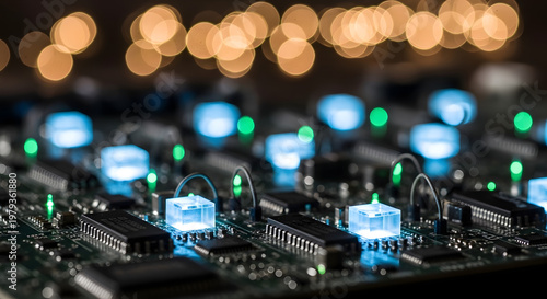 Close-up view of a soundboard with illuminated blue buttons and green lights in a dark room with blurred background lights.