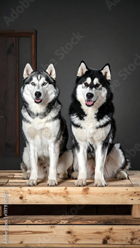 Two Siberian canines with distinctive coats pose on a wooden pallet against a dark backdrop. The dogs, one with blue eyes and the other dark, look at the viewer