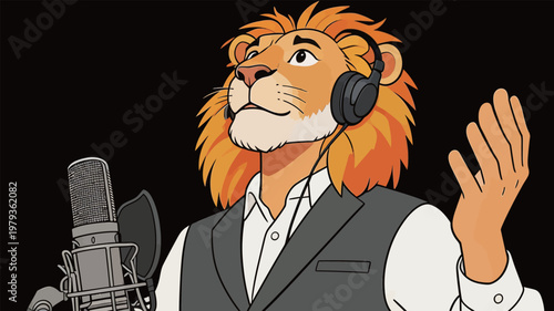Lion Character in Studio with Microphone and Headphones