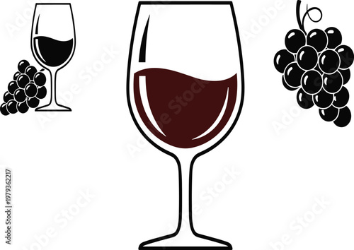 Red wine glass and black grapes collection illustration, vineyard fruit vector art set isolated on white background, winery design, drink.