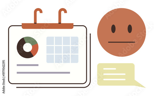 Business planning, workflow management, team communication, customer feedback, data analysis, user experience. Calendar with chart, speech bubble and neutral face. Workflow and feedback concept