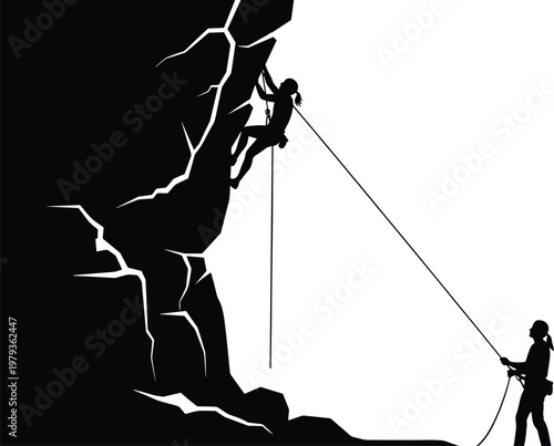 Rock Climbing Silhouette Featuring Female Climber on Steep Cliff with Belayer Partner for Extreme Sports Adventure Motivation and Outdoor Teamwork Concept