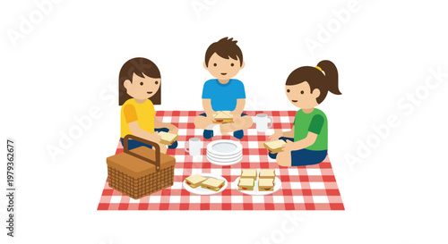 Three smiling children are enjoying a picnic outdoors on a red checkered blanket with sandwiches, a basket, and drinks.