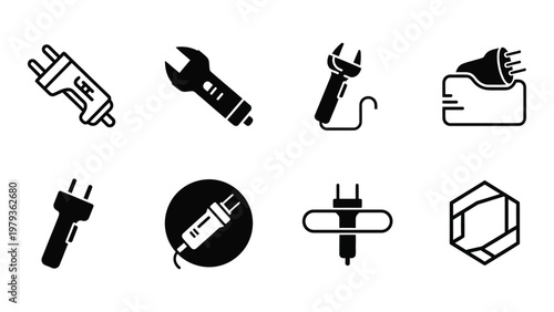 A collection of black silhouette icons depicting various electrical plugs wrenches and related tools high quality professional detailed modern elegant stylish