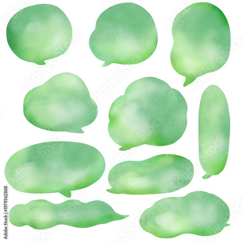 水彩風 ふんわり手描き吹き出しセット（グリーン）
Watercolor speech bubble set green hand drawn message frame illustration