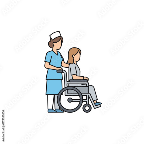 Nurse assisting a disabled woman in a wheelchair.