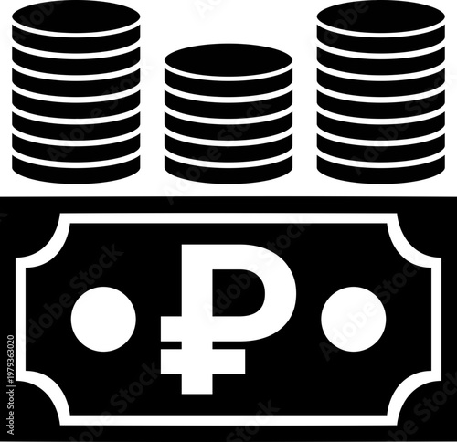 Black budget icon with stacks of coins and Russian Ruble currency note representing Russia finance planning savings investment wealth and monetary capital
