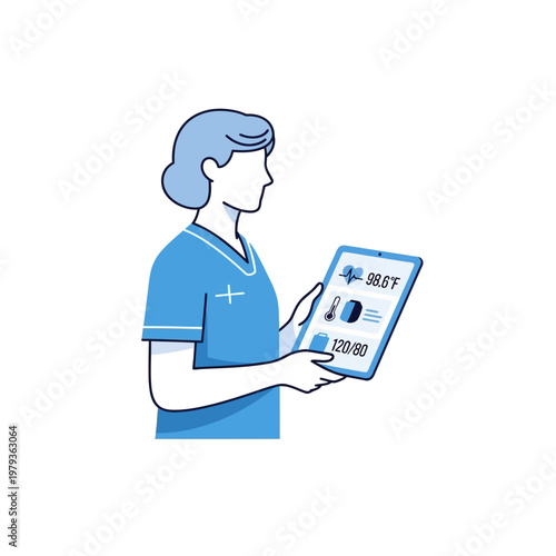 woman in blue scrubs holding tablet.