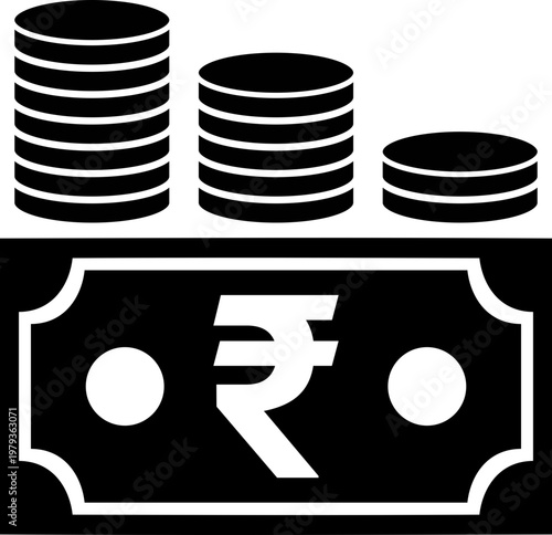 Black budget icon vector design with Indian Rupee (₹) banknote and ascending coin stacks for finance, savings, investment, profit growth, wealth management, business planning, and economic success