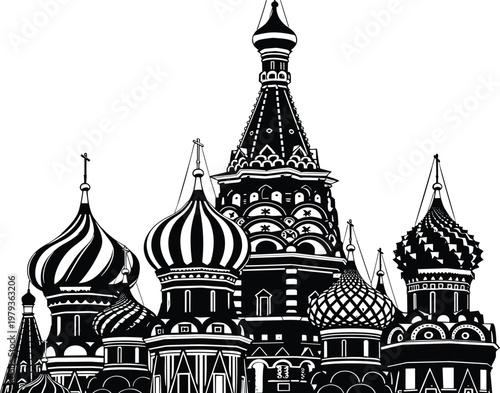 Saint Basil Cathedral Moscow Russia Landmark Black And White Vector Illustration Stencil Design Famous Russian Orthodox Architecture Monument For Travel Tourism