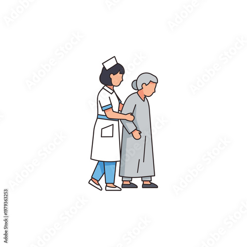 Nurse assisting elderly woman to walk.