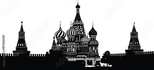 Saint Basil's Cathedral and Kremlin wall black silhouette illustration, Moscow Red Square landmark, Russian architecture, historic travel destination, isolated, vector.