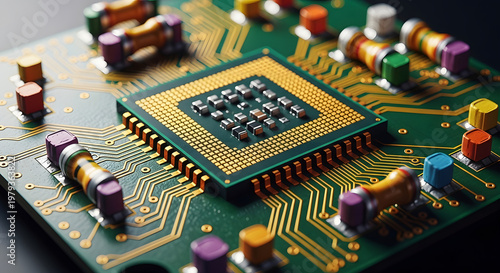 Close-up view of a circuit board with colorful components and gold wiring