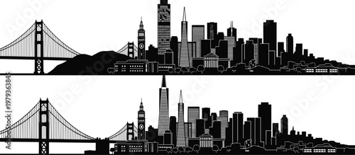 San Francisco skyline silhouette with Golden Gate Bridge, black and white urban architecture vector, California city landmark isolated on white,
