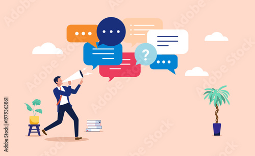 Businessman using megaphone to broadcast message with speech bubbles and clouds in background, marketing and public relations concept for corporate announcement, flat design vector illustration