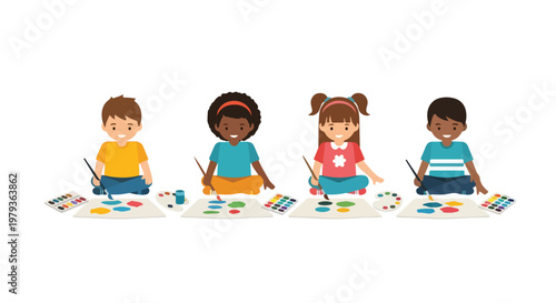 A group of four multi-ethnic children are sitting on the floor together, joyfully painting colorful patterns on paper with watercolors.