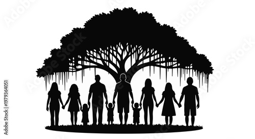 Diverse family silhouettes united under a sprawling tree, symbolizing growth and connection across generations.