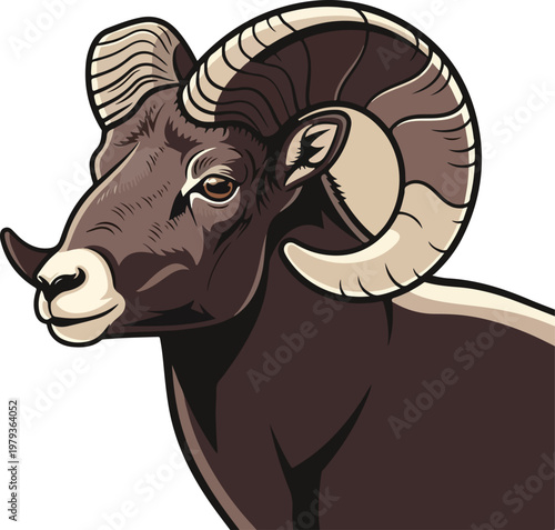 Brown Ram with Large Curly Horns.