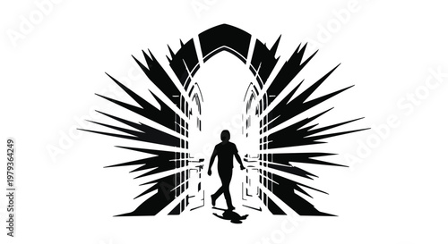 Silhouette of a person walking towards a bright, expanding archway with dramatic light rays.