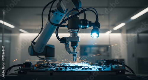 An industrial robotic arm is welding a piece of metal in a factory setting with sparks flying everywhere.