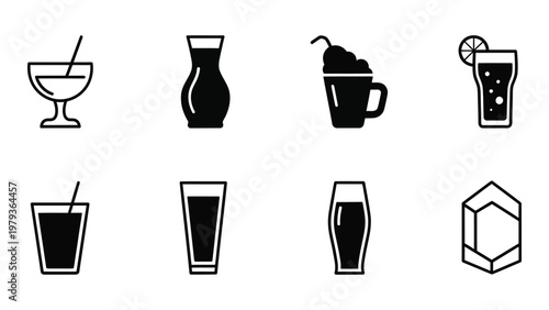 A collection of black and white line icons depicts various beverages including cocktails beer juice and ice high quality professional detailed