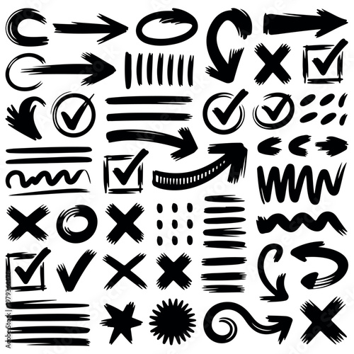 Collection of hand drawn arrows checks and lines in black and white