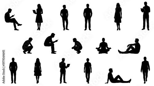 People silhouette collection featuring diverse men and women in various poses like sitting walking and using devices | Vector set for architectural scale