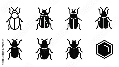 A collection of eight black silhouette beetle icons and a hexagonal honeycomb shape displayed in a simple graphic style high quality
