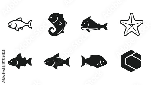 A collection of monochrome icons depicting various marine life including fish a starfish and a honeycomb high quality professional detailed modern