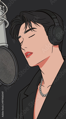 Stylish Man in Black Suit Singing in Studio