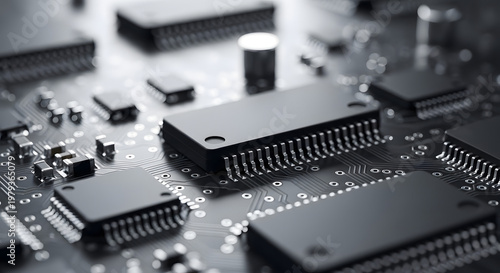 Close-up view of electronic components on a circuit board with microchips and various parts.