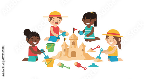 Four diverse, happy children are playing together on the beach, using colorful buckets and shovels to build a large, detailed sandcastle.