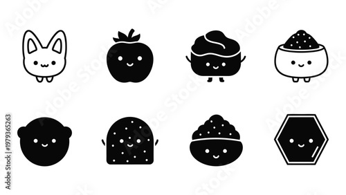 A collection of cute minimalistic black and white icons depicting various food items and a bunny face high quality professional detailed