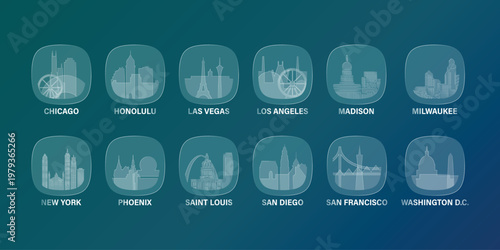USA, American cities icons with glass, liquid effect. Set of cityscapes for interface design. Vector Chicago, Honolulu, Las Vegas, Milwaukee, New York, Phoenix skylines