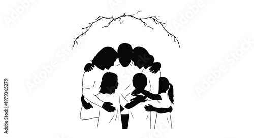 Diverse family embraces in a circle of love and unity under a natural arch