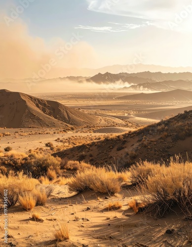 A breathtaking panoramic view of a vast, arid desert landscape bathed in the warm glow of the setting sun, showcasing rolling hills, sparse vegetation.