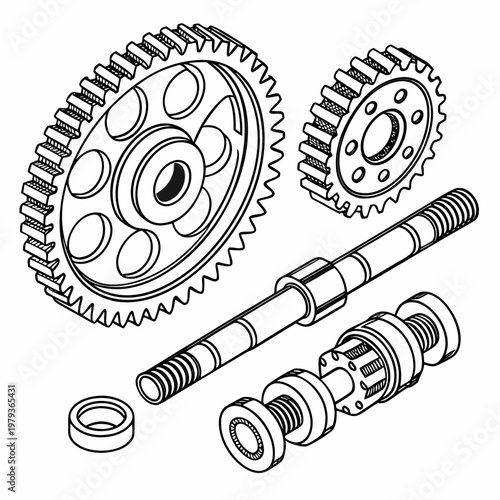 Mechanical engineering parts - gears shaft washer with line art, mechanical