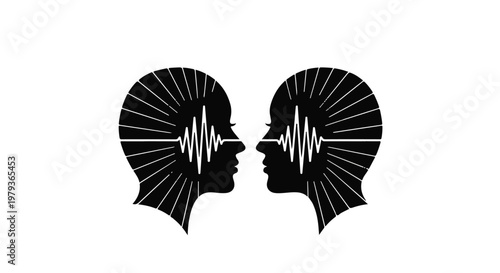 Abstract representation of two profiles sharing ideas through sound waves and energy.
