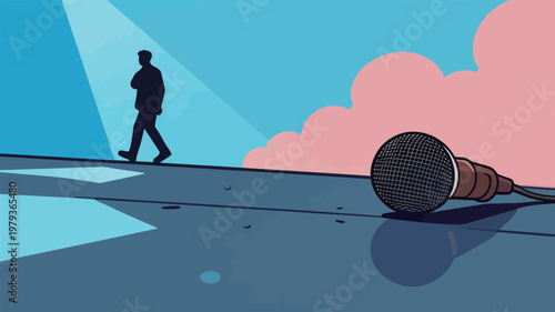 Silhouette Man Walking With Microphone on Stage