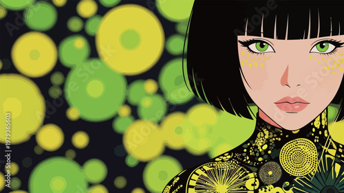 Stylized Woman with Green Eyes and Black Bob Hair