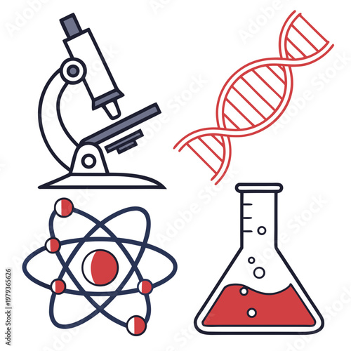 Science icons: microscope DNA atom flask with technology research discovery