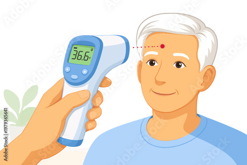 Elderly man having temperature checked with digital thermometer at home  