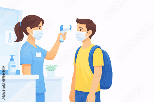 Nurse measuring temperature of boy in mask with backpack indoors  