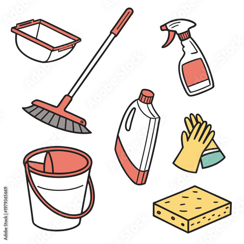 Cleaning supplies: mop bucket sprayer gloves sponge with cleaning, housekeeping