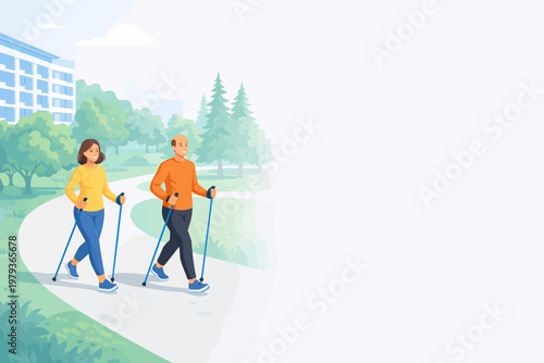 Active elderly couple walking with Nordic poles in sunny park  