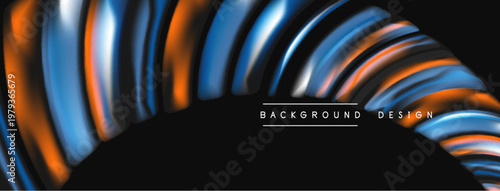 Abstract dynamic ribbons form arch. Blue, orange hues blend, creating modern background design. Smooth curves suggest movement, depth.